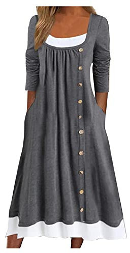 AMhomely Summer Dresses for Women UK Casual Crewneck Long Sleeve Pullover Patchwork Pleated Solid Color Button Dress Ladies Trendy Tunic Dresses for Vacation Cocktail Formal Work Wedding Activewear