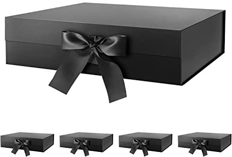 HAPPY POTATO Große Geschenkboxen mit Band, 34,9 x 22,9 x 10,4 cm, schwarze Geschenkboxen mit Deckel, große Trauzeugen-Antragsboxen, luxuriöse Geschenkboxen für Geschenke (glänzendes Schwarz, 5 Stück)