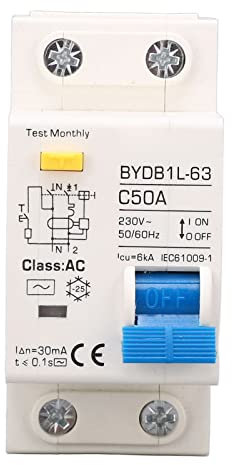 Fi Schutzschalter AC 230V 30mA C50 1P+N Leitungsschutzschalter Hutschiene Auslaufschutz Überlastschutz Fehlerstromschutzschalter FI/LS Schalter Sicherungsautomat