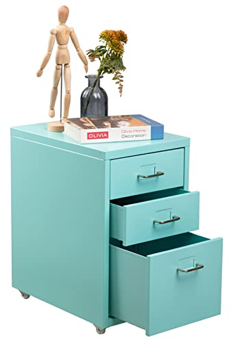 HollyHOME Mobiler Aktenschrank mit 3 Schubladen, rollbarer Aktenordner unter dem Schreibtisch, Aufbewahrungsschrank aus Metall mit Rollen für Zuhause und Büro, Himmelblau