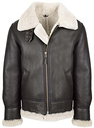House Of Leather Herren Klassische B3 Original Schaffelljacke aus echtem Lammfell, fliegende Bomberjacke Flieger Kyoto, Braun (weißes Lammfell), 3XL