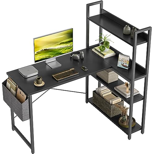 CubiCubi Schreibtisch mit Regal,Eckschreibtisch für Heimbüro,Kleiner L-förmiger Computertisch mit Ablagefächern,Bürotisch mit Aufbewahrungstasche, 120cm Schwarz.