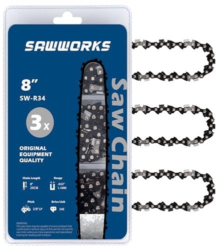 SawWorks 3-Pack 8 Inch Pole Saw Chain SW-R34, 3/8 LP Pitch - .043 Gauge - 34 Drive Links, Compatible with DeWalt 20V DWO1DT608, DCPS620, DCCS623B, DCCS623L1, Craftsman CMZCSC8, CMCCSP20 and More