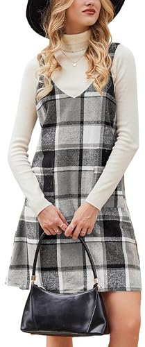 CUPSHE Damen Latzrock V Ausschnitt Taschen Karomuster A Linie Latzkleid Overallkleid Freizeitkleider Plaid Mini Dress Schwarz Plaid S