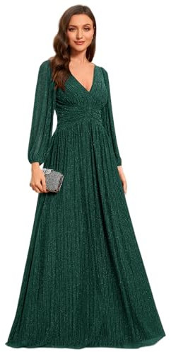 Ever-Pretty Robe de Soirée Femme Longue Brillants Plissé A Line Col V Chic Vert Foncé 36