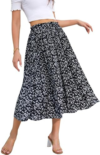 Hotouch Damen Rock Polka Dot Elastische Taille Faltenrock Sommer Chiffon Midi Rock Swing Elegant Plisseerock mit Taschen
