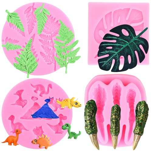 RFGHAC Lot de 4 moules en silicone en forme de griffe de dinosaure, pour fondant, feuilles tropicales, fougère, chocolat, feuilles de monstera, moule pour décoration de gâteaux, pâte à sucre, pâte