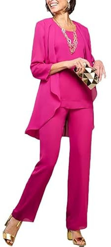 JAEDEN Mutter der Braut Hosenanzug 3 Teilig Chiffon Hosenanzüge für Damen Formell Festliche Abendanzug Fuchsie 46