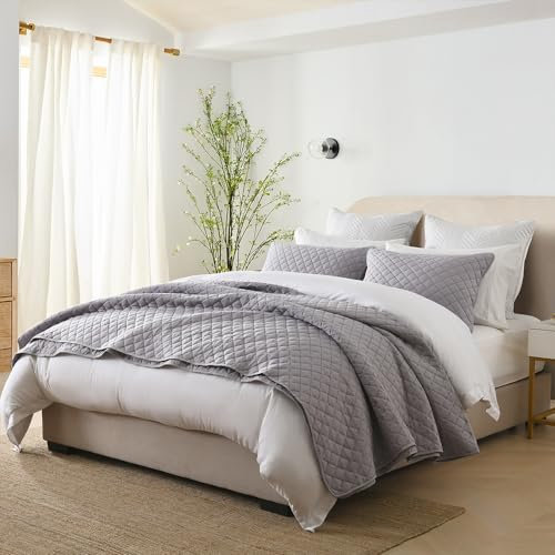 ENASAL Tagesdecke 240x260cm, Bettüberwurf Sofaüberwurf leichte Überwurfdecke mit 2 Kissenbezügen, Gesteppte Steppdecke für Doppelbett,Grau Geometrisch, 250x270cm