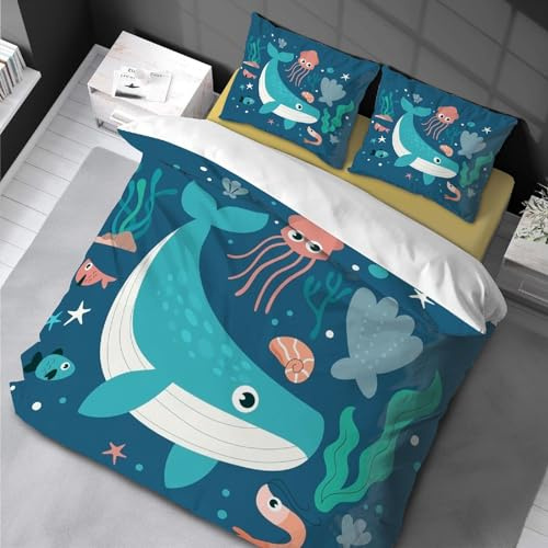 18meng Art Karikatur Ozean Themed Kinderbettwäsche 100x135 Junge Netter Wal Blau Polyester Bettwäsche Set Mit Kissenbezug Weich Microfaser Bettbezüge Geeignet für Jugendliche und Erwachsene