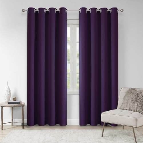 VEHEDE Blackout Thermal Curtains for Living Room, Soft Eyelet Purple Curtains for Bedroom, Soundproof Curtain and Drapes for French Door, W46 x L90 Inch, Purple, 2 Panels