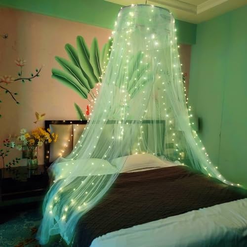 Eimilaly Spitze Betthimmel Moskitonetz mit warmen Lichtern, Prinzessin Betthimmel für Mädchen Zimmerdekoration, Green/Einzeltür