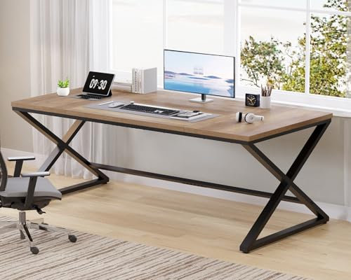 LVB Rustic Large Home Office Long and Wide Computer Desk, Wood Metal Work Desk for Study Writing Gaming, Farmhouse Dual Monitor Workstation Executive Computer Table