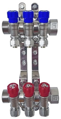 AQUA HEATING Wasserverteiler Set Verteiler Warmwasser Kaltwasser Trinkwasser Heizung Industrie Wasseranschluss Messing Vernickelt 1 Zoll 16x2 mm PEX 3 Wege Blau 3 Wege Rot