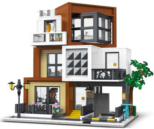 Kit di costruzione dell'architettura dell'appartamento di ville moderne con luci a LED,3 livelli ville stampo di blocchi da costruzione giocattolo,per 12+anni adolescenti, adulti (1399 pezzi)