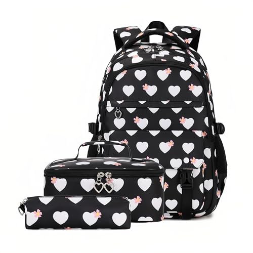 3Pcs Heart Print Backpack Set for Girls with Lunchbox ＆ Pencil Case, Heart Girls Backpack School Bag and Lunch Bag Set