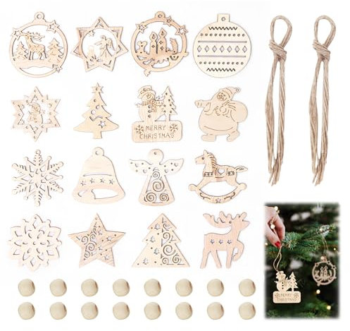Ensemble de 16 Pièces 7 cm Bois Arbre de Noël Ornements, Décoration Suspendue, Pendentif Cadeaux pour Bricolage