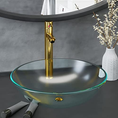 JUDYY Badezimmer Waschbecken mit Wasserhahn und Ablaufgarnitur aus mattiertem, gehärtetem Glas, Aufsatzwaschbecken, Waschtisch, Aufsatzwaschtisch, Wash Basin, Badmöbel, Bathroom Sink 3098446
