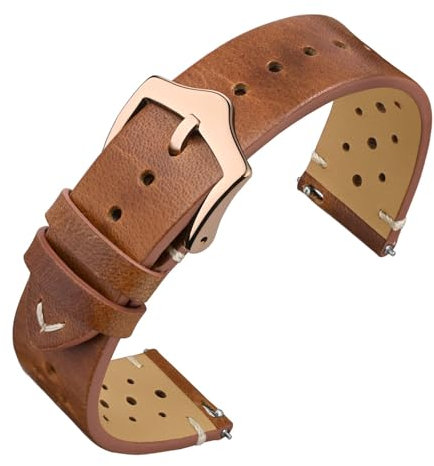ANNEFIT Bracelets de Montre en Cuir Rétro à Dégagement Rapide, Bracelet de Remplacement 18mm avec Boucle Or Rose (Brun Clair)