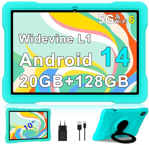 Kinder Tablet 10 Zoll Android 14 mit 5G WiFi 6, 20 GB RAM+128GB ROM(TF 1TB), Octa-Core, Widevine L1, Kindersicherung, 6000mAh, Bluetooth 5.0, 1280 * 800, GMS Certified Kids Tablet mit Eva Case - Green