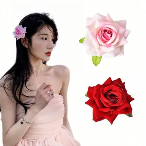 2pcs Rose Flower Hair Clip Red Pink Rose Brooch Floral Hair Accessories for Woman and Girl Party Wedding