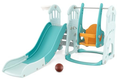 COSTWAY 4 in 1 Toddler Slide and Swing Set, Kids Climber Playset with Basketball Hoop and Ball, Children Activity Center for Indoor Outdoor (Green, 185 x 150 x 102cm)