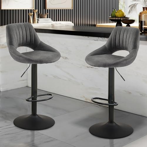 Zouron Vintage Bar Stool Juego de 2, Taburete de Bar en Polipiel Industrial, Regulable en Altura y Giratorio 360°, Silla de Bar con reposapiés y Respaldo para mostrador y Cocina, Gris