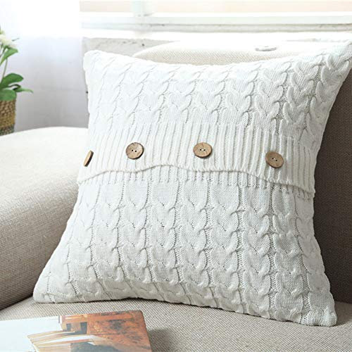 Cotton Cable Knit Pillow Cover Soft Warm Throw Pillow Case Cushion Cover Decorative Pillow Cover with Buttons (White, 18x18 inches)