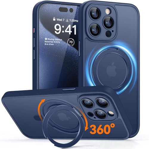 CANSHN 360° Ständer für iPhone 15 Pro Hülle mit Kameraschutz für Magsafe (Magnetischer Robust Standring), Matt Dunkelblau