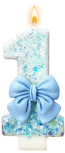 Bow Number 1 Birthday Candles, Blue Glitter 1st Birthday Candles, Birthday Decorations for Girls, Perfect 1st Birthdays Cake Topper for Girls Baby Birthday Wedding Party Decorations (Number 1)