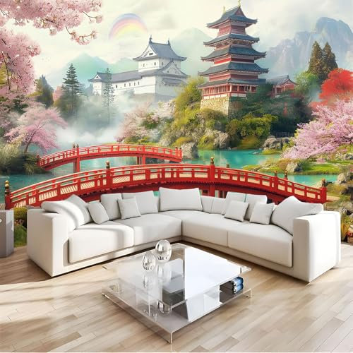 JEDTAKCT 300X210Cm Seidetapete Kirschblütentempeltapete Elegance Tapete Im Japanischer Garten Design Tapete Wandtapete Wohnzimmer Schlafzimmer Flur Strukturtapete