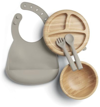 Mamas & Papas 4 Piece Bamboo Weaning Starter Kit - Baby Plate and Bowl with Suction, Cutlery & Adjustable Bib for Ages 6-18 Months - Truffle
