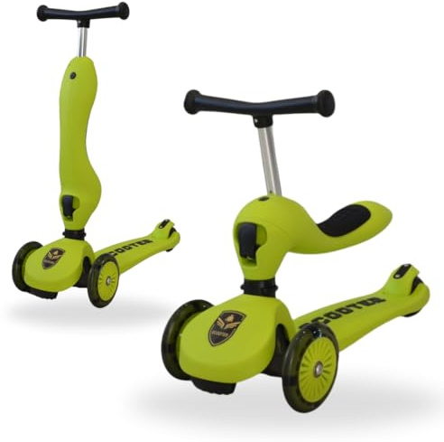 2-in-1 Umwandelbares Rutschfahrzeug und Roller für Kinder-Höhenverstellbar,Weiche Räder,Leicht zu Lenken,Premium-Qualität,Leuchtende Vorder und Hinterräder (Ohne Schiebestange, Grün)
