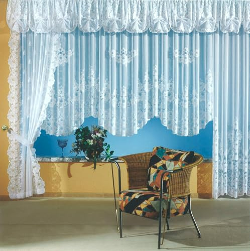 heimtexland Gardinen Jacquard Store mit Kräuselband weiß halb-transparent, Blumen Bordüre gebogt, Vorhang Typ1 - Querbehang gerafft H47 cm mit 11 Bögen für Fensterbreiten von 330-355 cm