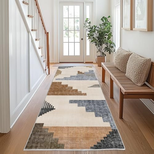 Chicnix Teppich Flur Küche 80x300, Teppich Läufer Waschbar Kurzflor rutschfest für Schmalen Gang, Moderner Geometrisch Patchwork Malerei Teppiche für Eingangsbereich Schlafzimmer, Blau Grau