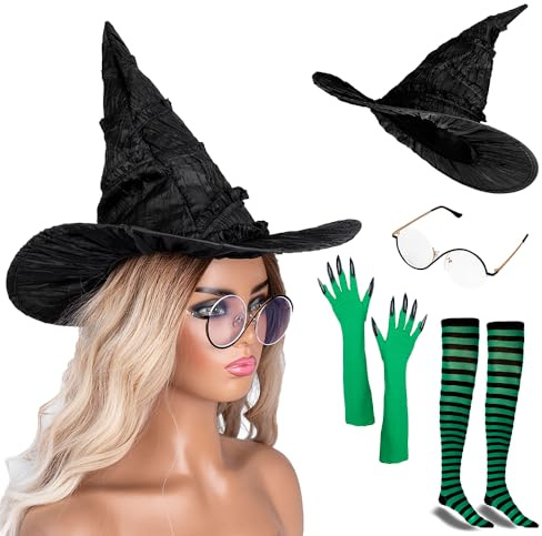 MORTICIA Hexe Kostüm Zubehör Hut Brille Grüne Handschuhe Grün und schwarz gestreifte Socken Halloween Hexe Cosplay Dekorationen