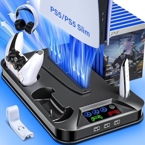Cooling Station Stand and Dual Controller Charging Station for PS5/Slim/Pro | Cooling Stand with Controller Charger Accessories for PlayStation 5 Console Incl. Turbo Fan, Headset Holder,3 USB Hub, Black