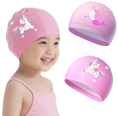 2 Pezzi Cuffia Piscina Bambino 3-10 Anni Alta Elastico Cuffie da Nuoto per Bambini Impermeabile Comoda Leggera Rosa Cuffia da Bagno per Ragazze Ragazzi Capelli Lunghi