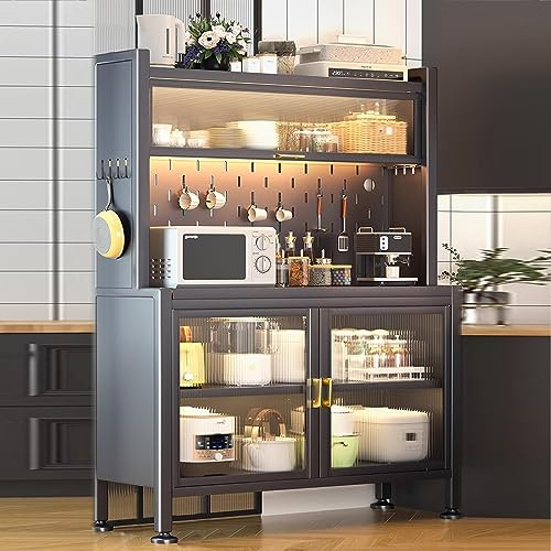 Microwave Oven Stand with Storage Cabinet & Double Door Transparent Perforated Panel 8 Hooks for Kitchen & Dining Room Space Optimization