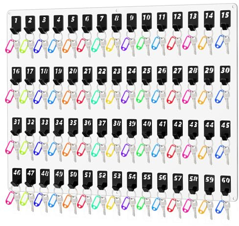 Beeveer Acrylic Key Holder Board with 60 Hooks, Wall Mount Organizer, Clear | Ideal for Offices, Schools, Hotels and Dealerships, Durable Acrylic Construction, Numbered Key Slots, Easy Wall Mount Design