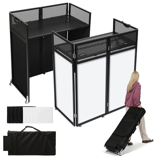 SMONTER Tragbarer DJ-Tisch mit Rollen, 108 cm × 53 cm DJ-Pult Ständer mit verstellbaren Füßen, zwei farbige Scrims & Tragetasche, klappbare DJ-Fassade für Hochzeiten, Partys, mobile DJs