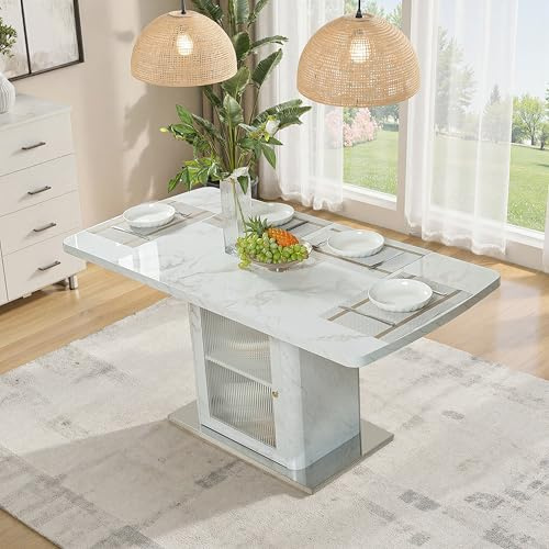 Bladez Esstisch Ausziehbar 120-160 cm mit Marmor-Optik & Aufbewahrungsschrank | Moderner Tisch mit Metallgestell & Glasfront | Esszimmertisch mit Stauraum & verstellbarem Regal (Glass + MDF, White)