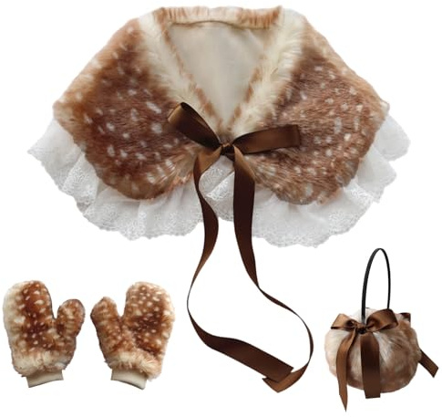Gwtdtoad Rentier Kostüm Für Damen, Plüsch Hirsch Kostüm Set Mit Pelzkragen,Handschuhe Und Ohrpolster, Weiche Warm Winter Cosplay Kostüms Accessoires Für Foto-Maskenball, Festivals, Familienfeiern