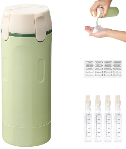 4 in 1 Travel Bottle Dispenser, Refillable Travel Bottles for Toiletries | Leak Proof Travel Containers with Scale and Label, Push-Down Dispenser for Shampoo, Lotion, Conditioner & Cream（Green)