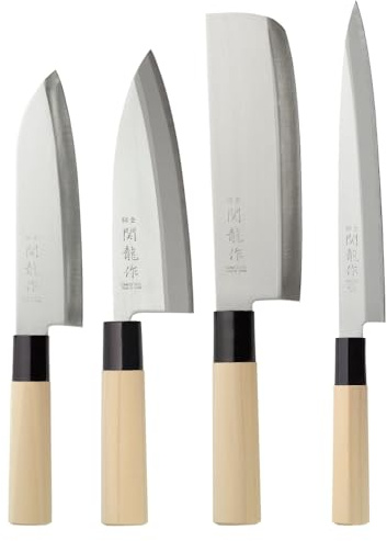 MBH - Set mit 4 professionellen japanischen Messern aus Stahl SUS 420J2, traditionelles Messerset mit Griff aus Pappelholz, einschließlich Santoku, Deba, Nakiri und Sashimi, hergestellt in Japan