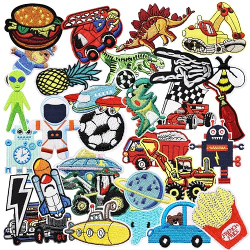 30 Stück Coole Themen Junge Applikation Bügelbilder Bestickte Aufnäher Patch Accessories – Boys Iron on Sew on Patches für T-Shirt,Rucksäcke,Shoes,Jacken,Kleid,Jeans,Taschen,Hüte,Kleidung
