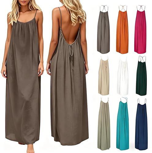 Fumxincg Backless Cami Dresses for Women Cami Lounge Dress Backless Solid Color Sleeveless House Dress Long Sundress with Back Tie Ladies Casual Maxi Loose Fit