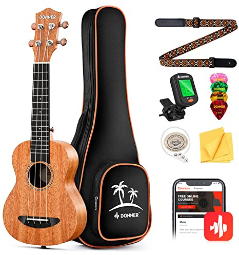 Donner Concert Ukulele Beginner Mahogany 23 Inch Ukelele Kit with Free Online Lesson Gig Bag Strap Nylon String Tuner Picks Cloth DUC-1 Gift Choice