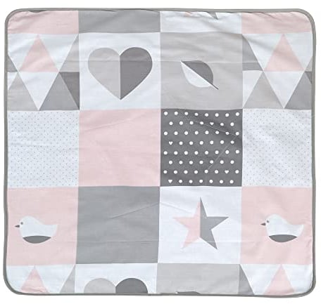 roba Babydecke Happy Patch - 80 x 80 cm - Kuscheldecke zum Schlafen, Krabbeln & Spielen - Kinderdecke 2 seitig für Babys aus weicher Baumwolle / Plüsch - Rosa / Grau