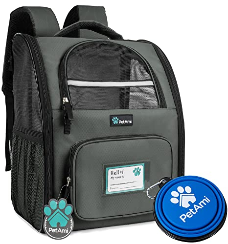 PetAmi Deluxe-Haustier-Rucksack für kleine Katzen und Hunde, Welpen, belüftetes Design, beidseitiger Eingang, Sicherheitsmerkmale gepolsterte Rückenstütze | Reisen, Wandern, Outdoor (dunkelgrau)
